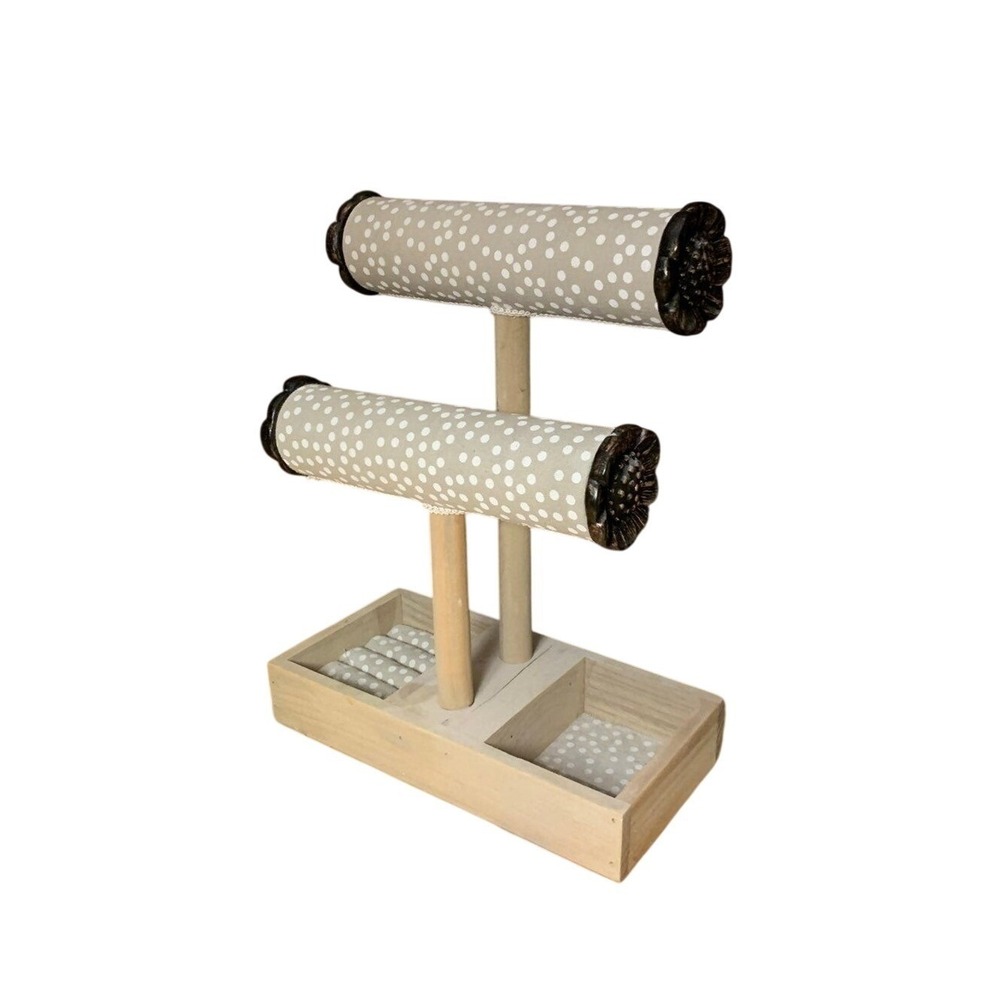 Wooden Jewelry Stand 2 Tier T-Bar Polka Dot Fabric Sunflower Floral Organizer